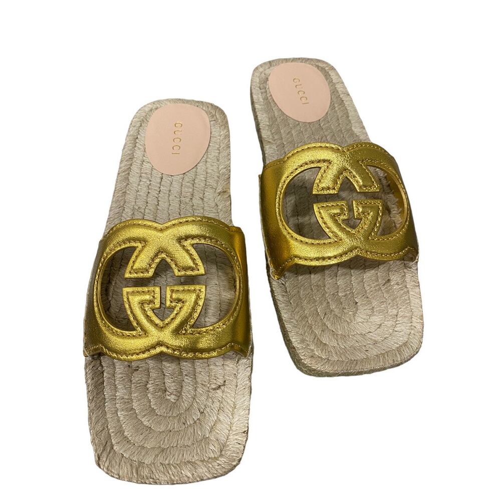 Gucci Interlocking G Cut Out Espadrille Gold Leather GG Slide Sandal 38.5 - Picture 3 of 10